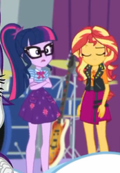 Size: 375x540 | Tagged: safe, screencap, sci-twi, sunset shimmer, twilight sparkle, equestria girls, equestria girls series, g4, rollercoaster of friendship, clothes, cropped, crossed arms, duo focus, eyes closed, female, geode of empathy, geode of telekinesis, glasses, jacket, ponytail, skirt