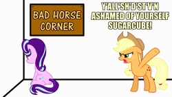Size: 1920x1080 | Tagged: safe, artist:dwk, applejack, starlight glimmer, earth pony, pony, unicorn, totally legit recap, g4, road to friendship, accent, bad pony, context in source, downvote bait, female, grounded, impact font, mare, out of context, sugarcube, this ended in angry countryisms, unfunny, y'all
