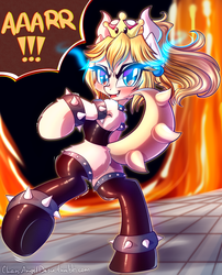 Size: 1618x2000 | Tagged: safe, artist:chaosangeldesu, hybrid, pony, angry, blue eyes, blushing, bowsette, clothes, crown, jewelry, ponified, regalia, smiling, socks, solo, super crown, toadette