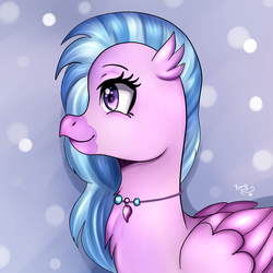 Size: 1080x1080 | Tagged: safe, artist:yumomochan, silverstream, classical hippogriff, hippogriff, g4, abstract background, digital art, profile, simple background, smiling