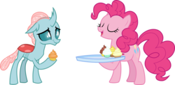 Size: 6136x3000 | Tagged: safe, artist:cloudy glow, ocellus, pinkie pie, changedling, changeling, earth pony, pony, g4, marks for effort, cupcake, food, simple background, transparent background, vector