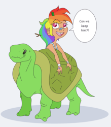 Size: 1868x2132 | Tagged: safe, artist:smirk, rainbow dash, tank, human, tortoise, g4, age regression, bandaid, child, galapagos tortoise, giant tortoise, humanized, ms paint, ponytail, simple background, speech bubble