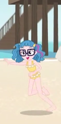 Size: 158x322 | Tagged: safe, screencap, technicolor waves, equestria girls, g4, my little pony equestria girls: better together, unsolved selfie mysteries, background human, barefoot, beach, bikini, clothes, cropped, feet, female, glasses, midriff, solo, swimsuit, tankini