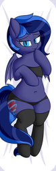 Size: 2952x8858 | Tagged: safe, artist:andelai, oc, oc only, oc:aurora heart, bat pony, pony, absurd resolution, bandeau, bat pony oc, bedroom eyes, black underwear, body pillow, body pillow design, bra, bra on pony, clothes, female, looking at you, on back, panties, solo, stockings, thigh highs, underwear