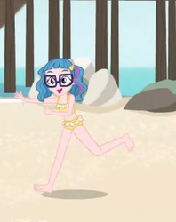 Size: 249x315 | Tagged: safe, screencap, technicolor waves, equestria girls, g4, my little pony equestria girls: better together, unsolved selfie mysteries, background human, barefoot, beach, bikini, clothes, cropped, feet, female, glasses, midriff, running, solo, swimsuit, tankini