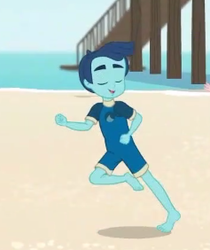Size: 237x282 | Tagged: safe, screencap, henry handle, manestrum, equestria girls, g4, my little pony equestria girls: better together, unsolved selfie mysteries, background human, barefoot, beach, clothes, cropped, eyes closed, feet, male, male feet, smiling, swimsuit