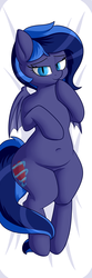 Size: 2952x8858 | Tagged: safe, alternate version, artist:andelai, oc, oc only, oc:aurora heart, bat pony, pony, absurd resolution, bat pony oc, bedroom eyes, belly button, body pillow, body pillow design, clothes, featureless crotch, female, looking at you, on back, solo