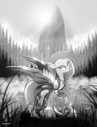 Size: 1771x2319 | Tagged: safe, artist:zidanemina, silverstream, classical hippogriff, hippogriff, g4, armor, crossover, female, monochrome, saint seiya, scenery, smiling, solo