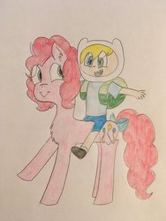 Size: 1024x1365 | Tagged: safe, artist:katiemae12, pinkie pie, g4, adventure time, crossover, finn the human, male