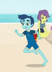 Size: 220x303 | Tagged: safe, screencap, henry handle, manestrum, victoria, equestria girls, g4, my little pony equestria girls: better together, unsolved selfie mysteries, background human, barefoot, beach, clothes, cropped, feet, female, male, male feet, running, smiling, swimsuit