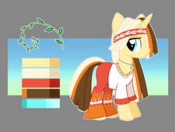 Size: 1138x856 | Tagged: safe, artist:krowzivitch, oc, oc only, oc:golden age, pony, clothes, color palette, headband, hippie, jewelry, necklace, reference sheet, solo, vine