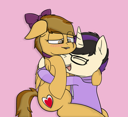 Size: 2500x2290 | Tagged: safe, artist:mewliciousness, oc, oc only, oc:joycie, oc:matt, pegasus, pony, unicorn, blushing, bow, clothes, collar, cute, family, female, glasses, high res, hoodie, hug, male, mare, stallion