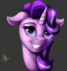 Size: 1800x1900 | Tagged: safe, artist:ac-whiteraven, starlight glimmer, pony, unicorn, g4, bust, female, grin, looking at you, mare, signature, simple background, smiling, solo