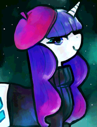 Size: 1000x1300 | Tagged: safe, artist:staticdragon1, rarity, pony, unicorn, g4, alternate hairstyle, beatnik rarity, beret, clothes, female, hat, looking at you, mare, smiling, solo, sweater