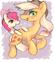 Size: 1300x1500 | Tagged: safe, artist:staticdragon1, apple bloom, applejack, earth pony, pony, g4, blushing, bow, cowboy hat, duo, female, filly, hair bow, hat, mare, sisters, smiling