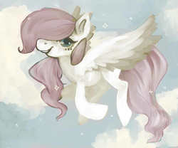 Size: 1200x1000 | Tagged: safe, artist:staticdragon1, fluttershy, pegasus, pony, g4, female, filly, flying, hair over one eye, looking at you, smiling, solo, spread wings, wings