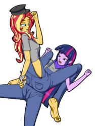 Size: 2465x3278 | Tagged: safe, alternate version, artist:artemis-polara, sunset shimmer, twilight sparkle, equestria girls, g4, bandana, barefoot, censored, clothes, commission, conductor, engineer, feet, female, hat, high res, lesbian, open mouth, overalls, remote, restrained, ship:sunsetsparkle, shipping, shirt, simple background, sitting, sitting on person, smiling, soles, train conductor, transparent background