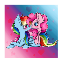 Size: 5000x5000 | Tagged: safe, artist:xxmelody-scribblexx, pinkie pie, rainbow dash, earth pony, pegasus, pony, g4, absurd resolution, blushing, chest fluff, ear fluff, female, lesbian, looking at each other, mare, prone, ship:pinkiedash, shipping, smiling