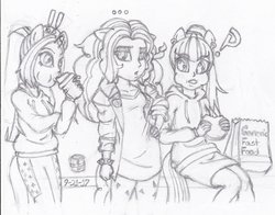Size: 1024x801 | Tagged: safe, artist:shippingwarguy, adagio dazzle, aria blaze, sonata dusk, human, equestria girls, g4, my little pony equestria girls: rainbow rocks, ..., adagio dazzle is not amused, aweeg*, baggy shirt, clenched fist, clothes, clothing theft, coffee, drinking, ear piercing, eared humanization, eating, exclamation point, fast food, food, generic, hoodie, horn, horned humanization, humanized, imminent spit take, implied big macintosh, implied shipping, interrobang, interrobang (glyph), loose hair, messy hair, piercing, question mark, shrunken pupils, tailed humanization, unamused, wad of cash