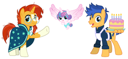 Size: 891x411 | Tagged: safe, flash sentry, princess flurry heart, sunburst, g4, alternate hairstyle, cake, crystal heart trio, food, uncle flash, uncle sunburst, wing hands