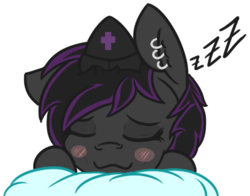 Size: 414x325 | Tagged: safe, artist:lazerblues, oc, oc only, oc:deep rest, pony, blushing, ear piercing, female, hat, mare, nurse hat, piercing, pillow, simple background, sleeping, solo, transparent background, zzz