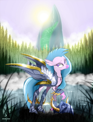 Size: 1771x2319 | Tagged: safe, artist:zidanemina, silverstream, classical hippogriff, hippogriff, g4, armor, female, lake, looking back, mount aris, saint seiya, solo, tree