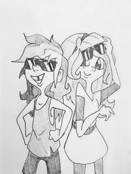 Size: 1680x2222 | Tagged: safe, artist:smirk, fluttershy, rainbow dash, human, g4, child, clothes, cool, duo, faic, humanized, smiling, smug, smugdash, sunglasses, tooth gap, traditional art, younger
