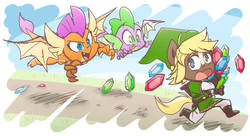 Size: 1100x600 | Tagged: safe, artist:thegreatrouge, quarter hearts, smolder, spike, dragon, anthro, g4, baby, baby dragon, chase, cute, dragoness, elf hat, female, flying, gem, hat, hilarious, link, link's hat, link's tunic, male, ponified, quarterbetes, running, rupee, smolderbetes, spikabetes, the legend of zelda, tongue out, winged spike, wings