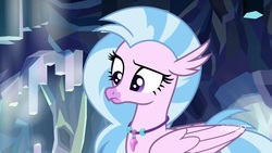 Size: 1920x1080 | Tagged: safe, screencap, silverstream, classical hippogriff, hippogriff, g4, what lies beneath, confused, discovery family, discovery family logo, female, logo, looking down, nightmare cave, raised eyebrow, solo