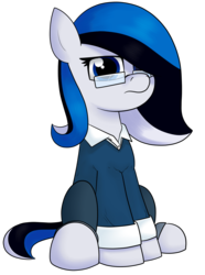 Size: 1032x1384 | Tagged: safe, artist:moonatik, oc, oc only, pony, clothes, deadpan, estonia, eyelashes, female, frown, glasses, hair over one eye, jeans, looking at you, mare, nation ponies, pants, ponified, shirt, simple background, sitting, solo, sweater, transparent background