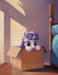Size: 702x900 | Tagged: safe, artist:maggwai, edit, sweetie belle, pony, unicorn, g4, behaving like a cat, box, cardboard box, chewing, cute, diasweetes, drool, eating, female, filly, foal, if i fits i sits, kitty belle, nom, pony in a box, solo