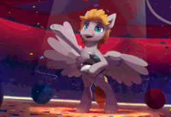 Size: 900x614 | Tagged: safe, artist:rodrigues404, oc, oc only, oc:jumping jack, pegasus, pony, animated, bipedal, chest fluff, cinemagraph, circus, commission, commissioner:jumping jack, confetti, hat, jester hat, male, raised hoof, smiling, solo, spread wings, stallion, underhoof, wings