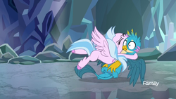 Size: 1920x1080 | Tagged: safe, screencap, gallus, silverstream, classical hippogriff, griffon, hippogriff, g4, what lies beneath, cave, cute, diastreamies, discovery family, discovery family logo, duo, female, gallabetes, glomp, hug, logo, male, nightmare cave, shipping fuel, silverstream hugs gallus, tackle