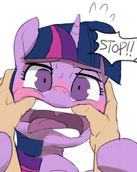 Size: 2000x2500 | Tagged: safe, artist:baigak, twilight sparkle, human, pony, g4, blushing, dialogue, exclamation point, female, finger in mouth, hand, high res, horn, offscreen character, open mouth, pov, simple background, solo focus, speech, spreading, sweat, teeth, text, tongue out, white background