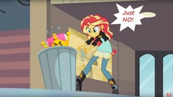 Size: 1920x1077 | Tagged: safe, edit, edited screencap, editor:leonidus, screencap, sunset shimmer, equestria girls, g4, my past is not today, angry eyes, canterlot high, dialogue, funny, into the trash it goes, new super mario bros. u deluxe, super crown, super mario bros., throwing, toadette, trash can, yelling