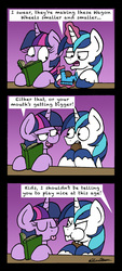 Size: 1070x2375 | Tagged: safe, artist:bobthedalek, shining armor, twilight sparkle, pony, unicorn, g4, book, brother and sister, comic, eating, female, glowing horn, hoof hold, horn, implied parents, magic, male, mare, offscreen character, reading, siblings, stallion, teasing, telekinesis, tongue out, unamused, unshorn fetlocks, we never had one single fight