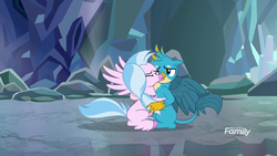 Size: 1920x1080 | Tagged: safe, screencap, gallus, silverstream, classical hippogriff, griffon, hippogriff, g4, what lies beneath, cave, cute, diastreamies, discovery family, discovery family logo, duo, female, gallabetes, hug, logo, male, out of context, shipping fuel, silverstream hugs gallus