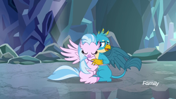 Size: 1920x1080 | Tagged: safe, screencap, gallus, silverstream, classical hippogriff, griffon, hippogriff, g4, what lies beneath, cave, cute, diastreamies, discovery family, discovery family logo, duo, eyes closed, female, gallabetes, hug, logo, male, shipping fuel, silverstream hugs gallus