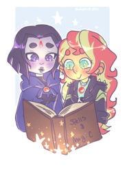 Size: 768x1024 | Tagged: safe, artist:jackytheripperart, sunset shimmer, equestria girls, g4, blushing, book, cloak, clothes, duo, female, jacket, jewelry, necklace, raven (dc comics), smiling, teen titans