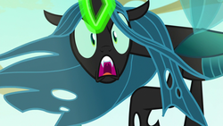 Size: 1280x720 | Tagged: safe, screencap, queen chrysalis, changeling, changeling queen, g4, to where and back again, female, glowing horn, horn, solo