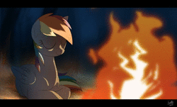 Size: 3696x2232 | Tagged: safe, artist:ruhje, rainbow dash, pegasus, pony, g4, animated, campfire, eyes closed, female, fire, high res, moomins, music, solo, sound, webm