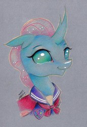 Size: 1000x1450 | Tagged: safe, artist:lailyren, ocellus, changedling, changeling, g4, bust, clothes, colored pencil drawing, female, school uniform, simple background, smiling, solo, traditional art