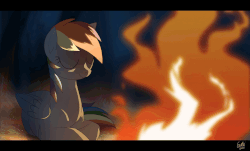 Size: 1232x744 | Tagged: safe, artist:ruhje, rainbow dash, pegasus, pony, g4, animated, campfire, eyes closed, female, gif, solo, sound at source