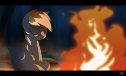 Size: 3696x2232 | Tagged: safe, artist:ruhje, rainbow dash, pegasus, pony, g4, animated at source, campfire, eyes closed, female, solo