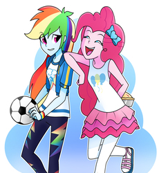 Size: 1432x1559 | Tagged: safe, artist:xan-gelx, pinkie pie, rainbow dash, equestria girls, g4, my little pony equestria girls: better together, ball, clothes, confused, female, food, football, hand behind back, looking at each other, looking back, pants, pie, raised eyebrow, smiling, sports