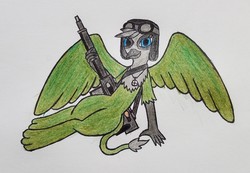 Size: 1763x1218 | Tagged: safe, artist:dice warwick, artist:dice-warwick, oc, oc only, oc:hispano, griffon, fallout equestria, fallout equestria: long haul, fanfic art, goggles, gun, simple background, solo, spread wings, traditional art, weapon, white background, wings