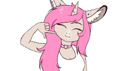 Size: 1280x720 | Tagged: safe, artist:shiro-roo, oc, oc only, oc:tarot, classical unicorn, unicorn, anthro, :p, animated, anthro oc, blue eyes, breasts, clothes, cloven hooves, collar, curved horn, cute, digital art, ear fluff, eyes closed, female, floppy ears, frame by frame, gif, happy, horn, jewelry, leonine tail, long mane, mare, one eye closed, palomino, pink hair, pink mane, pointing, silly, smiling, smirk, solo, tank top, tongue out, wink, ych result