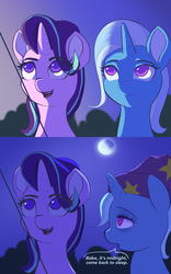 Size: 1280x2048 | Tagged: safe, artist:grissaecrim, starlight glimmer, trixie, pony, unicorn, g4, rock solid friendship, dialogue, female, kite, kite flying, lesbian, looking up, mare, moon, night, ship:startrix, shipping, sleepy, smiling, that pony sure does love kites, tired