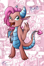 Size: 2550x3750 | Tagged: safe, artist:chiptunebrony, idw, mina, spike, dragon, friends forever #14, g4, my little pony: friends forever, spoiler:comic, collage, comic, cute, date, dragoness, female, high res, holding up, minabetes, open mouth, peace sign, signature, smiling