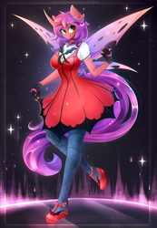 Size: 2500x3605 | Tagged: safe, artist:koveliana, oc, oc only, changeling, anthro, plantigrade anthro, changeling oc, clothes, cosplay, costume, dress, female, high res, horn, pantyhose, pose, wings